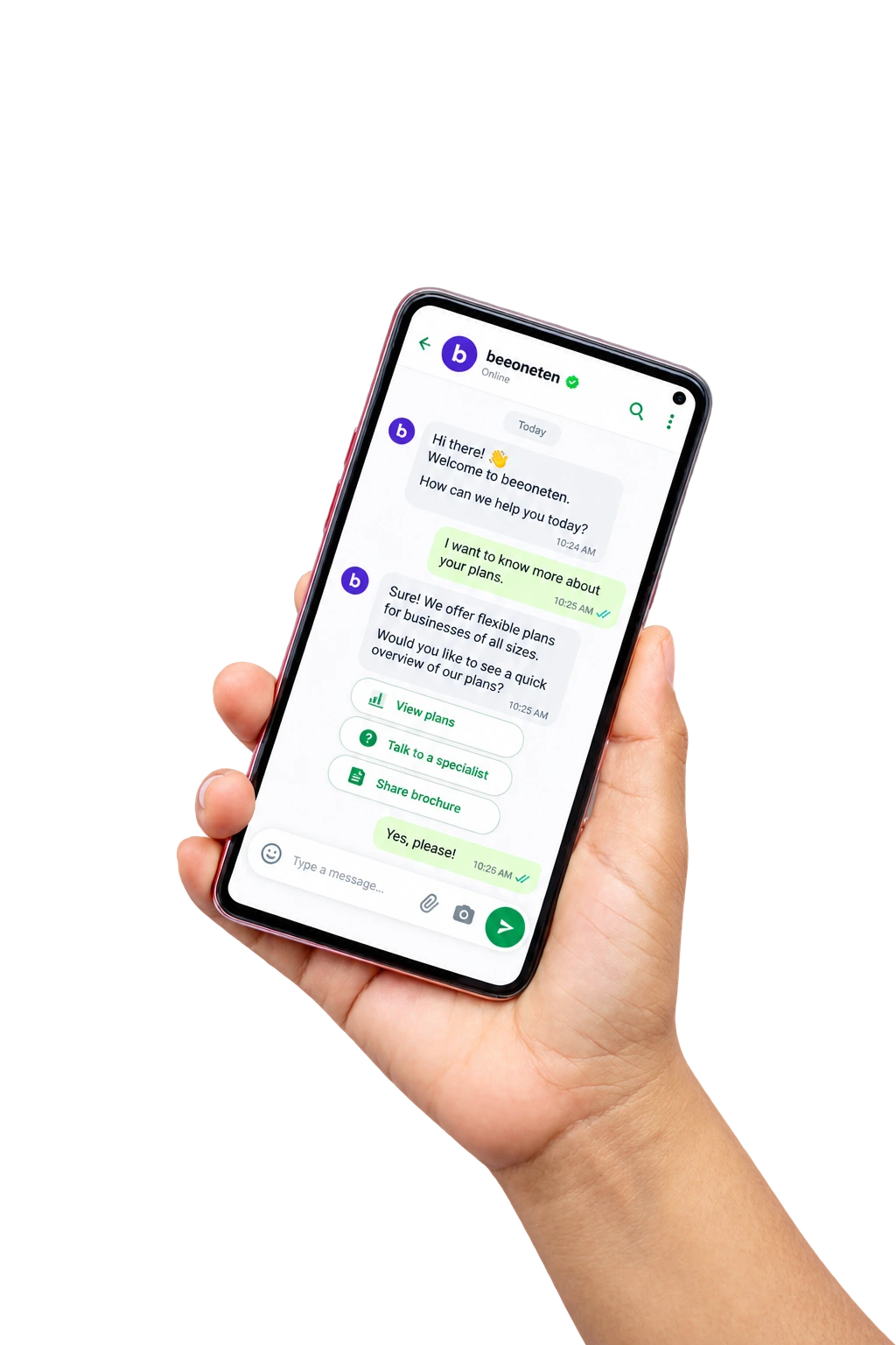 A hand holding a phone with a beeoneten-powered WhatsApp conversation