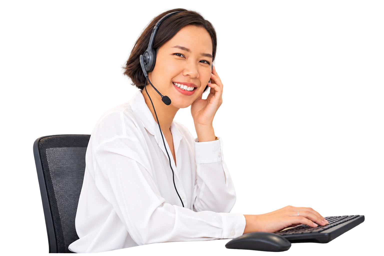A customer service agent helping a customer by headset