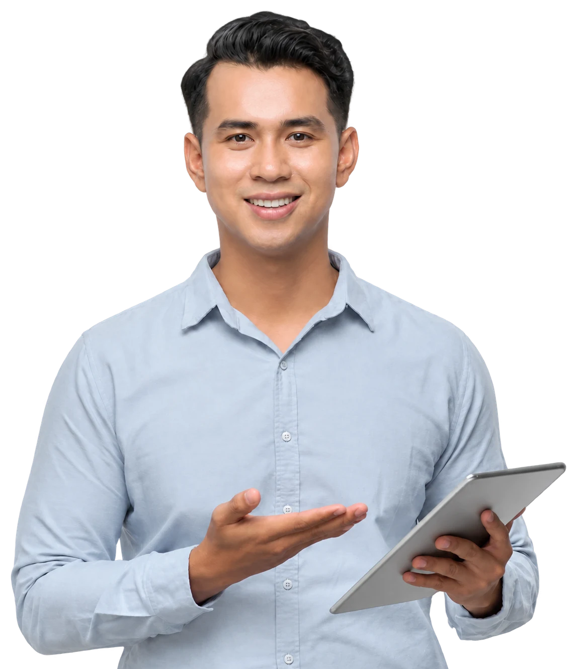 A marketing professional presenting campaign results while holding a tablet
