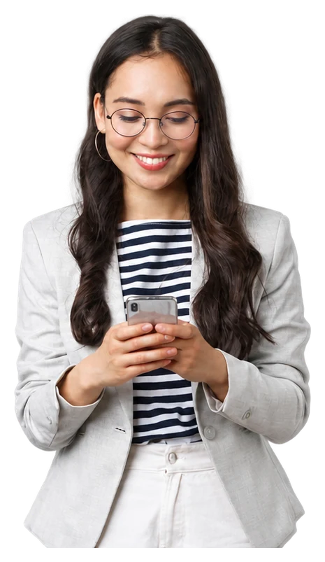 A sales representative reviewing a customer conversation on her smartphone